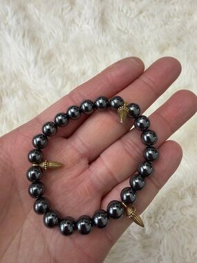 Hematite Bead Stretch Bracelet with Gold Spike Accents